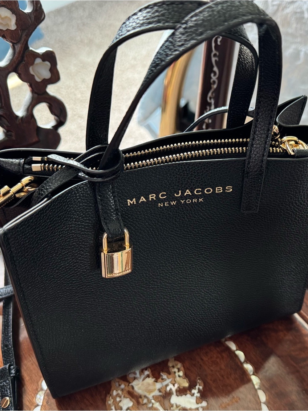 Marc Jacobs Black Leather Satchel with Gold Hardware